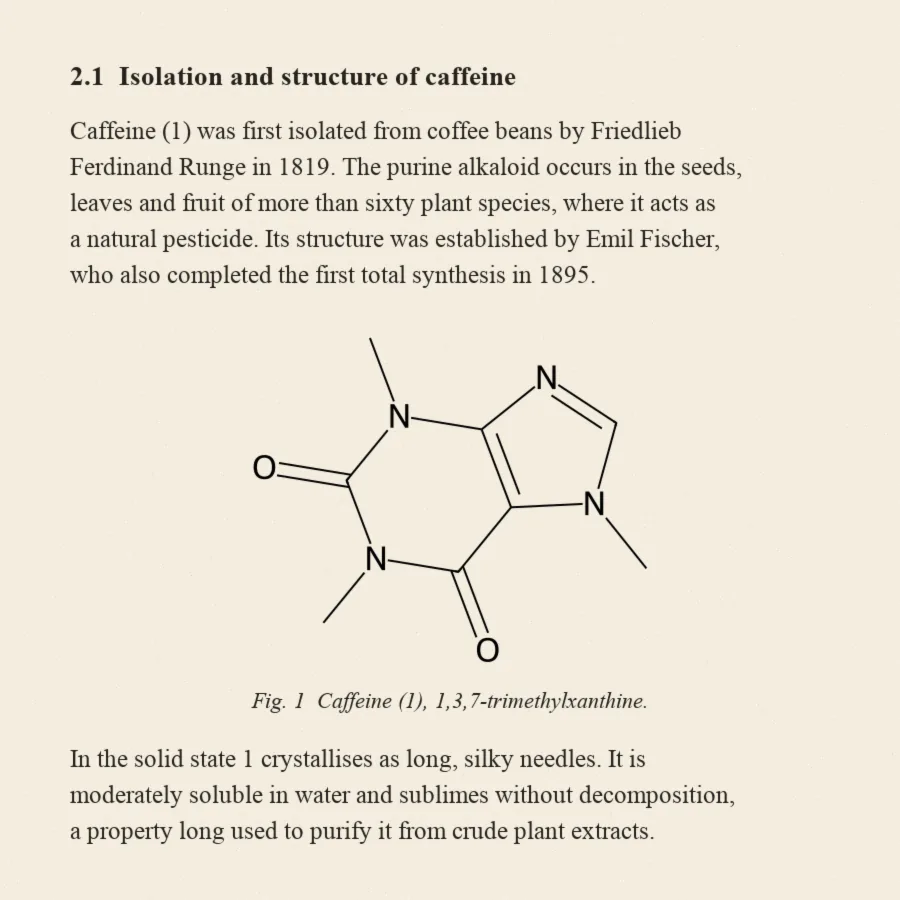 A printed page about caffeine, with a black-and-white drawing of the caffeine structure labelled Fig. 1.